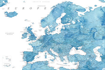 Karta Detailed map of Europe in blue watercolor