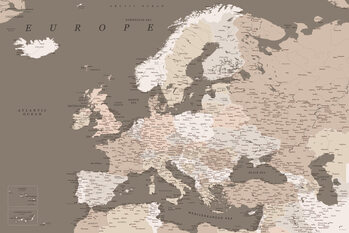 Kaart Detailed map of Europe in earth tones
