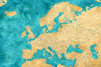 Mapa Detailed map of Europe in gold and teal watercolor