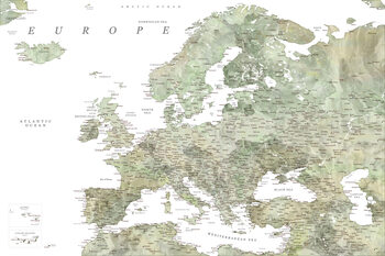 Mapa Detailed map of Europe in green watercolor