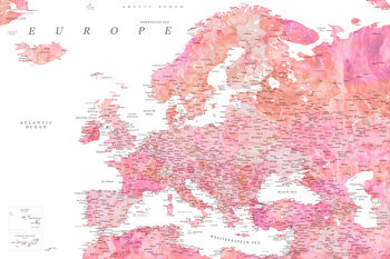 Mapa Detailed map of Europe in pink watercolor