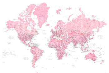 Mapa Detailed pink watercolor world map, Damla