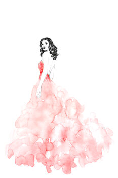 Illustrazione Fashion illustration long coral dress