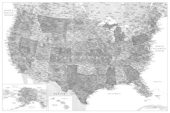 Zemljevid Highly detailed map of the United States in grayscale watercolor