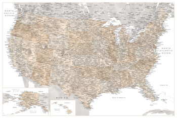 Mapa Highly detailed map of the United States in neutral watercolor