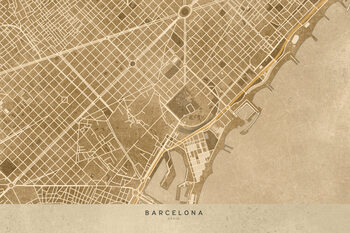 Harta Map of Barcelona downtown in sepia vintage style