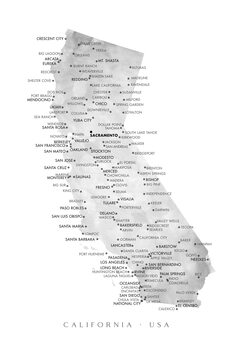Mapa Map of California in gray watercolor