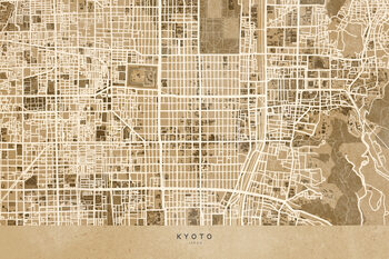 Mapa Map of Kyoto, Japan, in sepia vintage style