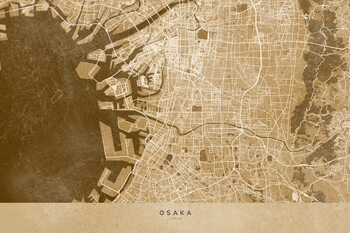 Mapa Map of Osaka, Japan, in sepia vintage style