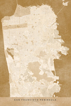 Mapa Map of San Francisco Peninsula in sepia vintage style