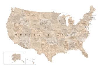 Karta Neutral watercolor map of the US with state capitals