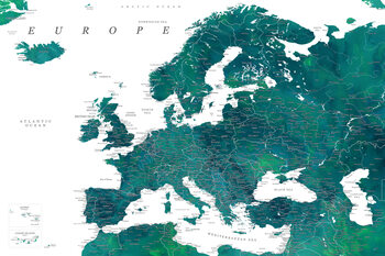 Mapa Teal detailed map of Europe in watercolor