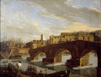 Kunsttryk View of the Tiber at the level of the break bridge in Rome