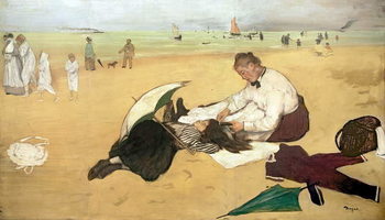 Obraz na plátně Beach scene: little girl having her hair combed by her nanny