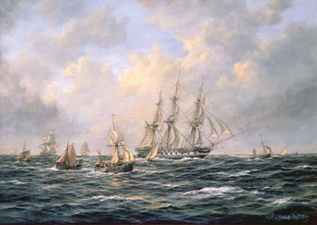 Obraz na plátně Convoy of East Indiamen amid Fishing Boats