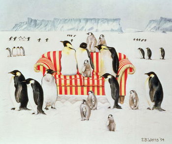 Obraz na plátně Penguins on a red and white sofa, 1994
