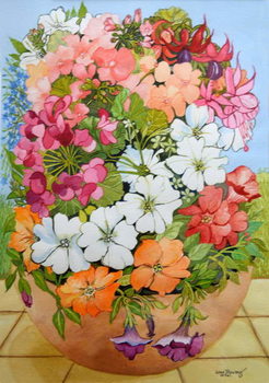 Obraz na plátně Petunias, Geraniums and Fuchsias in a Terrace Pot, 2005,