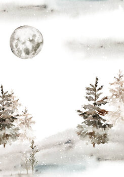 Obraz na plátně Watercolor christmas card with winter landscape