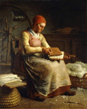 Obraz na plátně Woman carding wool