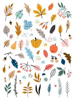 Obraz na plátně Children s illustration with hand drawn leaves, vegetables and autumn harvest. Autumn set. Collection of hand drawn fallen leaves, vegetables, berries, acorns, forest mushrooms.