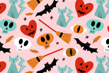 Obraz na plátně Halloween ghosts, skulls, cats and bats