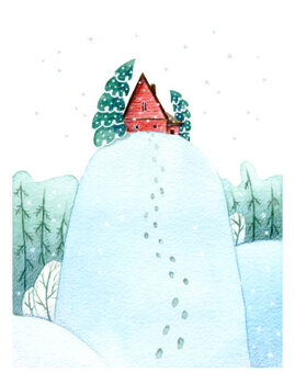 Obraz na plátně Hand drawn watercolor red house on