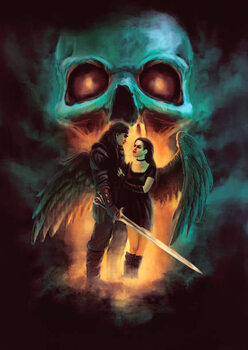 Obraz na plátně man with sword and young woman with wings, fiery glow and skull in background
