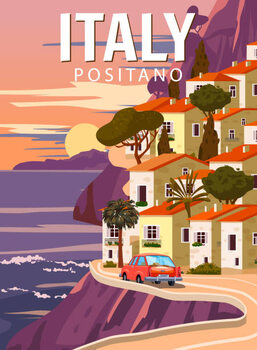 Obraz na plátně Retro Poster Italy, mediterranean romantic landscape,