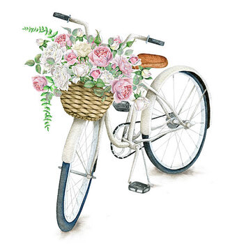 Obraz na plátně Watercolor White Bicycle With Beautiful Flower
