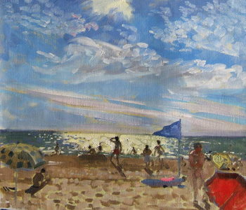Cuadros en Lienzo Blue flag and red sun shade, Montalivet