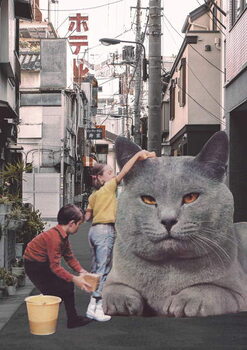 Cuadro en lienzo Children washing a giant Cat in Tokyo Streets