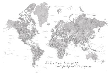 Cuadro en lienzo We travel not to escape life, gray world map with cities