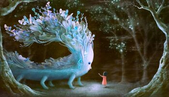 Cuadro en lienzo Fantasy scene girl with blue giant