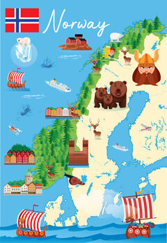 Plagát Cartoon Map of Norway