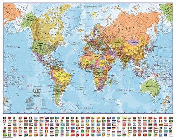 Plagát Politická mapa světa s vlajkami - Česky