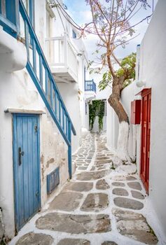 Plagát Small alley with white Cycladic houses