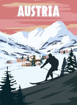 Plakat Austria Ski resort poster, retro. Alpes