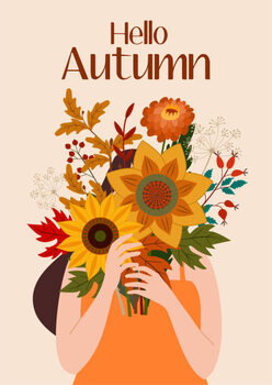 Plakat Autumn illustration with a cute girl and a bouquet of flowers. Vector flat design for card, poster, banner. Beautiful template.