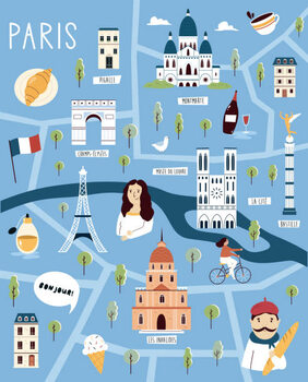 Plakat Colorful illustrated cartoon map of Paris,