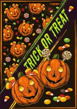 Plakat Halloween poster with pumpkin kids, sweets, text