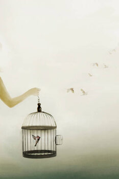Plakat hand holding an open cage with birds escaping out