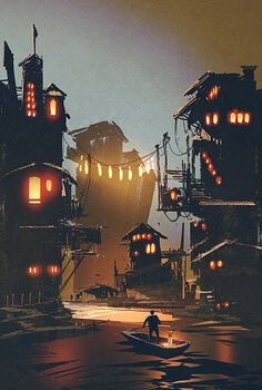 Plakat man stands on boat visiting fantasy village