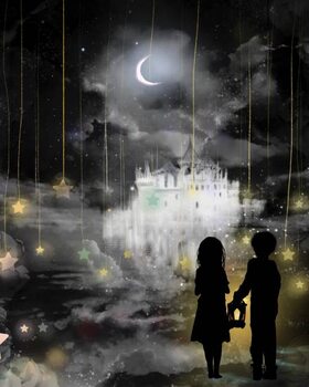 Plakat Moonlight and drifting clouds, cutout-style monochrome