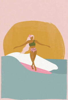 Plakat Surfer girl on a longboard surfboard,