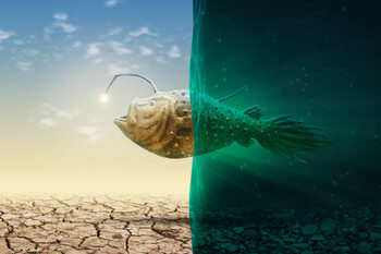 Plakat surreal landscape with flying fish bottom