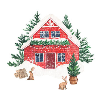 Plakat Watercolor winter cozy snowy house with