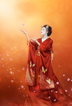 Plakát Geisha in long red kimono catching a cherry blosso