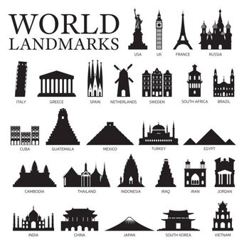 Plakát World Countries Landmarks Silhouette Set