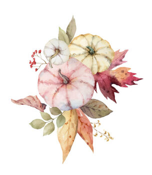 Plakát A watercolor vector bouquet for Thanksgiving, a greeting arrangement with colorful pumpkins, autumn branches and leaves isolated on white background.
