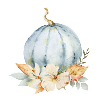 Plakát A watercolor vector postcard for Thanksgiving, a greeting arrangement with colorful pumpkins, autumn branches and leaves isolated on white 
background.